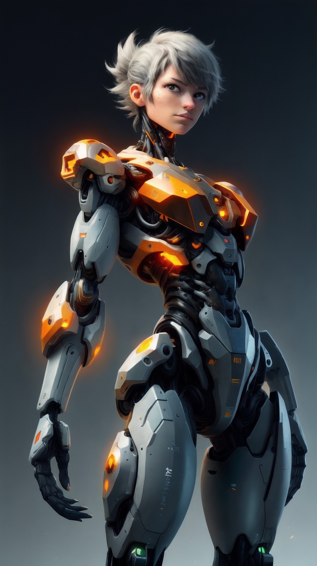 a cyborg, holding <lora:nanoArmor:0.7>